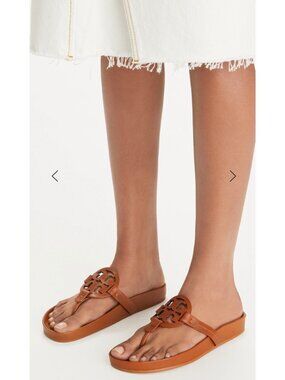 Tory Burch Miller Sandals Brown Leather Logo Thong Flat Slides Women’s Size 7